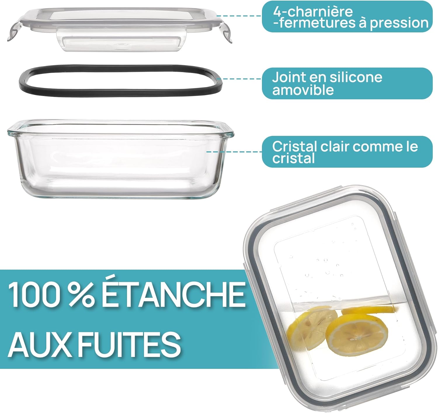 Detalle de Vtopmart Lot de 5 Lunch Box Verre 1035 ml – boîtes hermétiques et réutilisables, compatibles four, micro-ondes, congélateur et lave-vaisselle