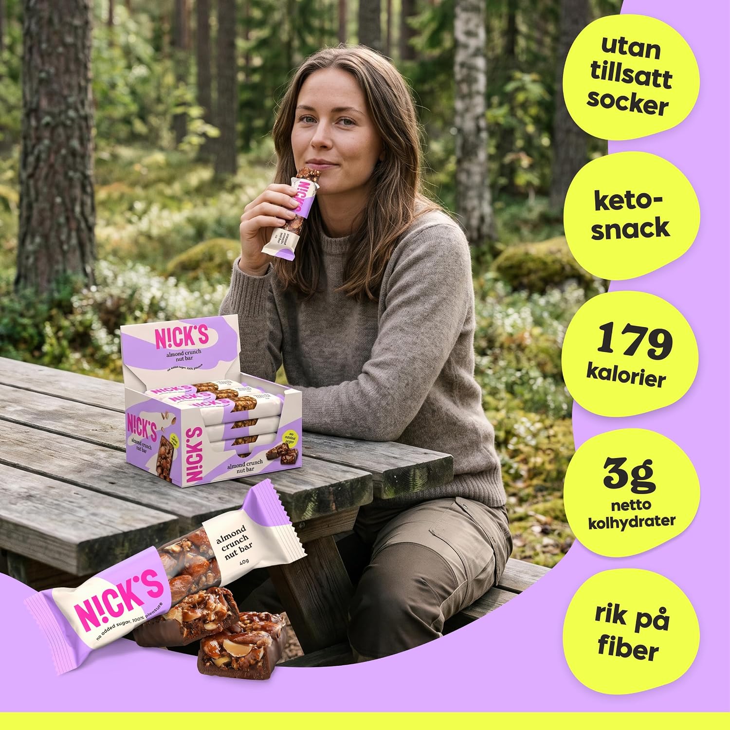 Detalle 2 de N!CK'S Almond crunch vegansk nötbar med 41 % mandel, ketochoklad och 12 x 40 g