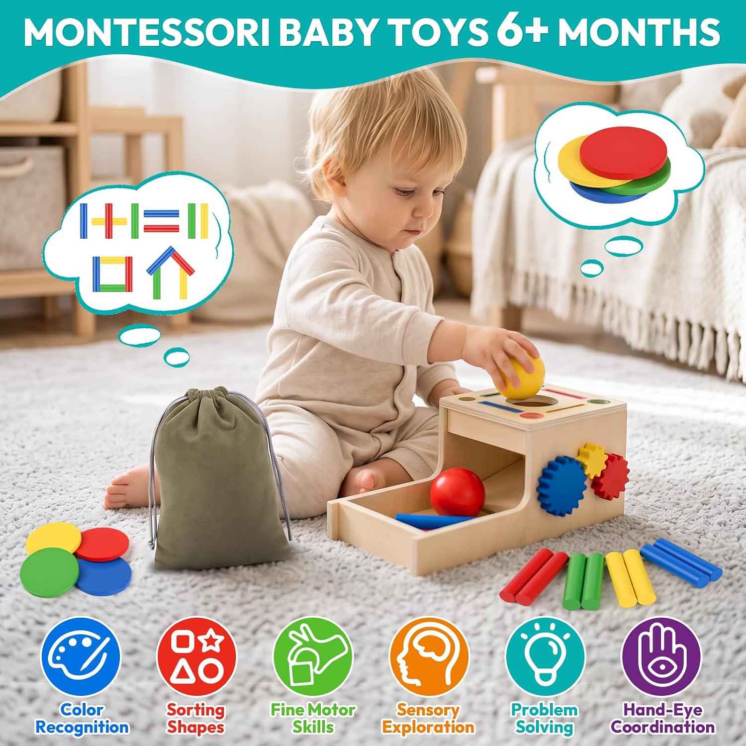 Detalle 2 de BoxNoble Montessori Object Permanence Toy, Wooden
