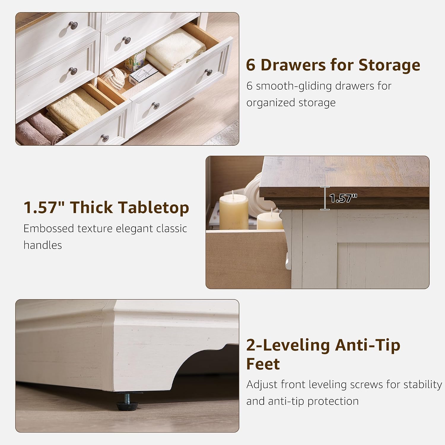Detalle 1 de T4TREAM RPC6SDRDS-ROWAW Farmhouse 6-Drawer Dresser, 54-Inch Antique White