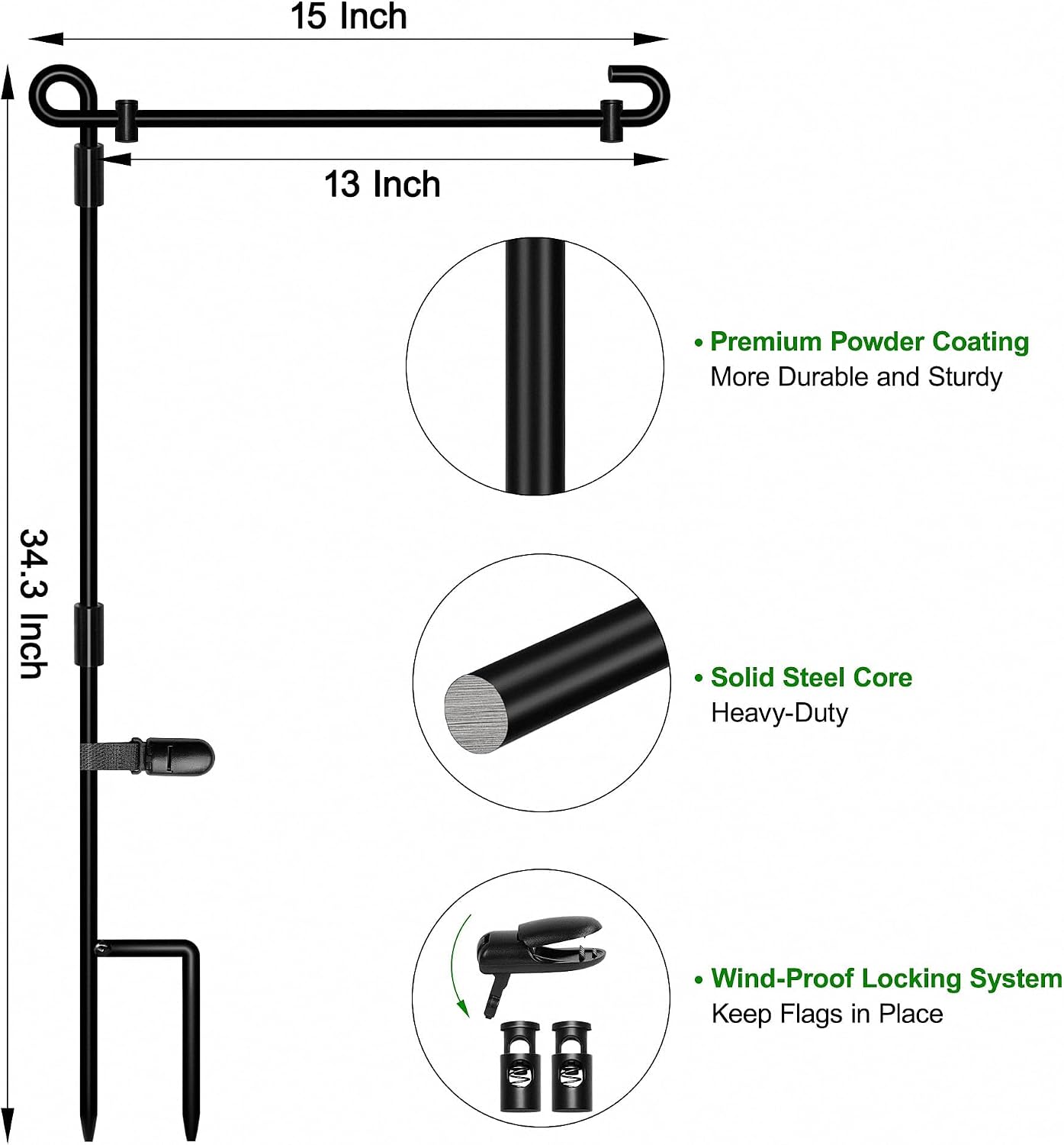 Detalle de HOOSUN Garden Flag Stand — Premium 3-Piece Metal Flag Holder with Clip and Spring Stoppers