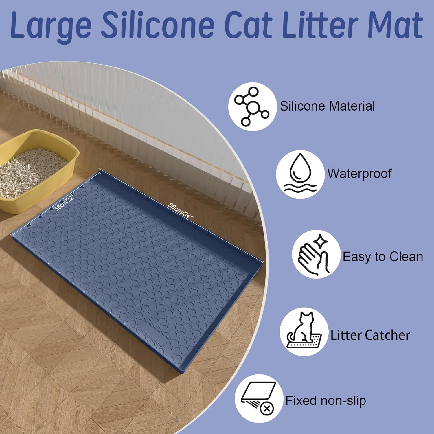 Detalle 2 de BLESWIN Large Cat Litter Mat 86 x 56cm – Silicone anti-slip, urine waterproof tray mat in dark blue