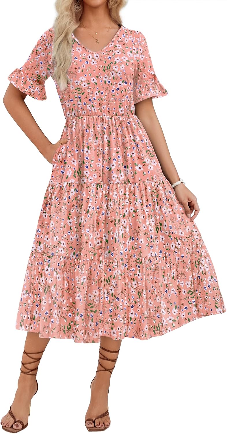 Thumbnail 6 de ZEAGOO Women's Summer Dresses Midi Tiered Floral V Neck Ruffle Short Sleeve with Pockets