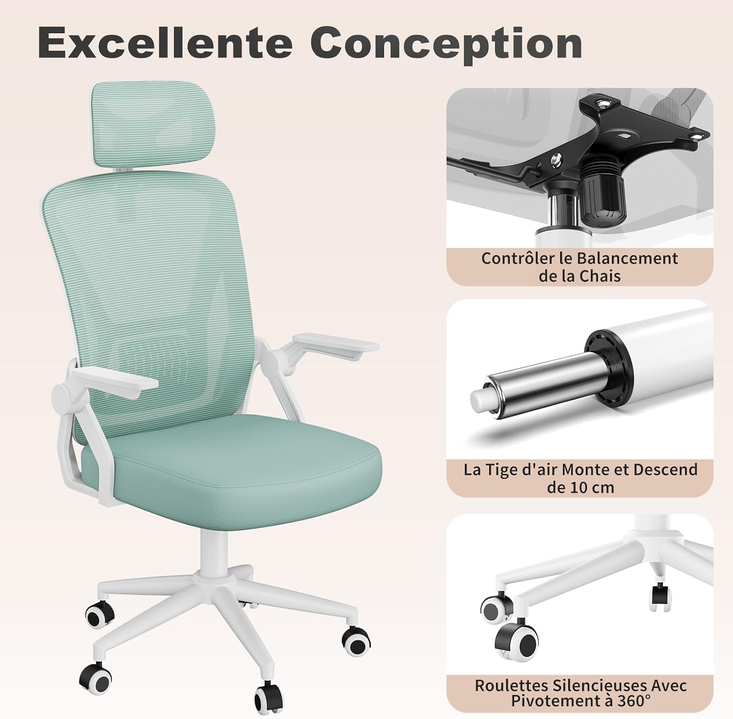 Thumbnail 6 de naspaluro Chaise de bureau ergonomique à accoudoirs rabattables, appui-tête réversible et dossier soutien lombaire