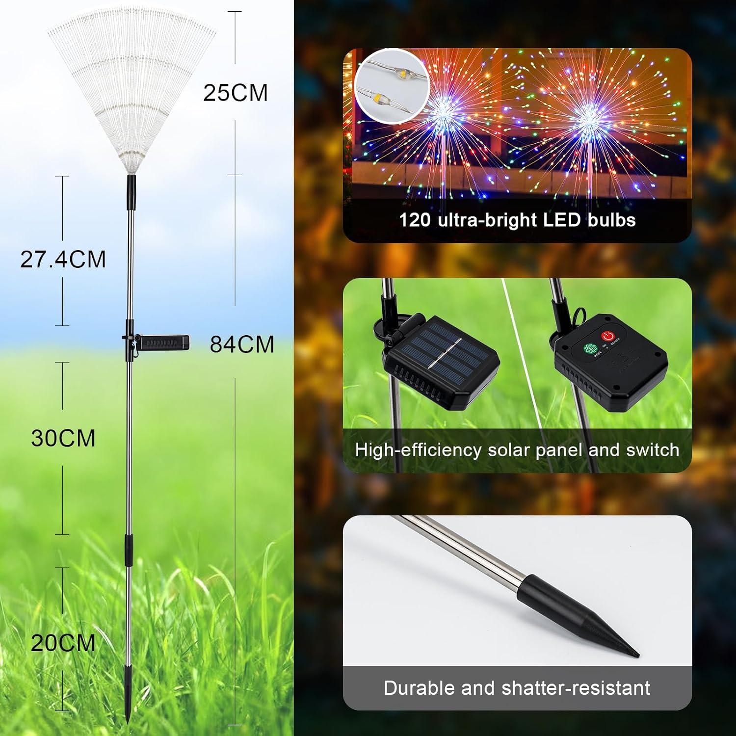 Detalle de Solar Lights Outdoor Garden Solar Firework Starburst Stake Lights (120 LEDs, 8 Modes) – 4 Packs, Warm White