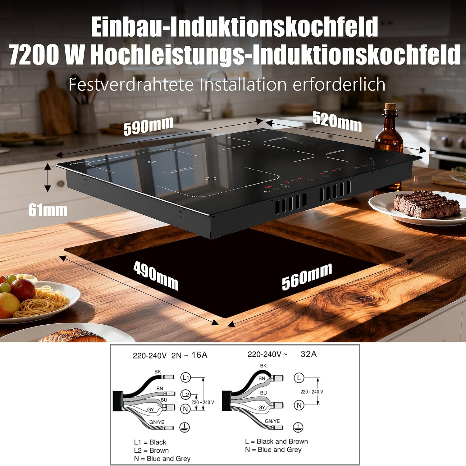 Thumbnail 6 de Karinear Induktionskochfeld 60 cm 7200W mit Flexzone – 4 Platten, Touchscreen & Sicherheit