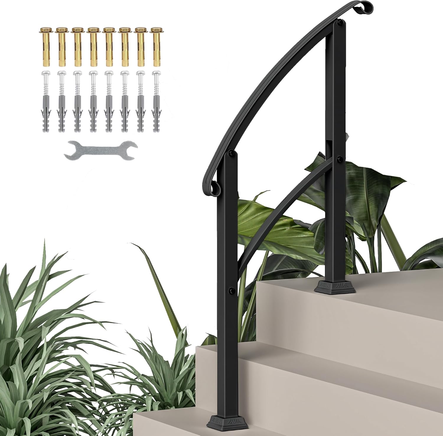 Outsunny Rampe d’escalier extérieure pour 1 à 3 marches avec main courante et kit d’installation, angle réglable jusqu’à 45°, noir