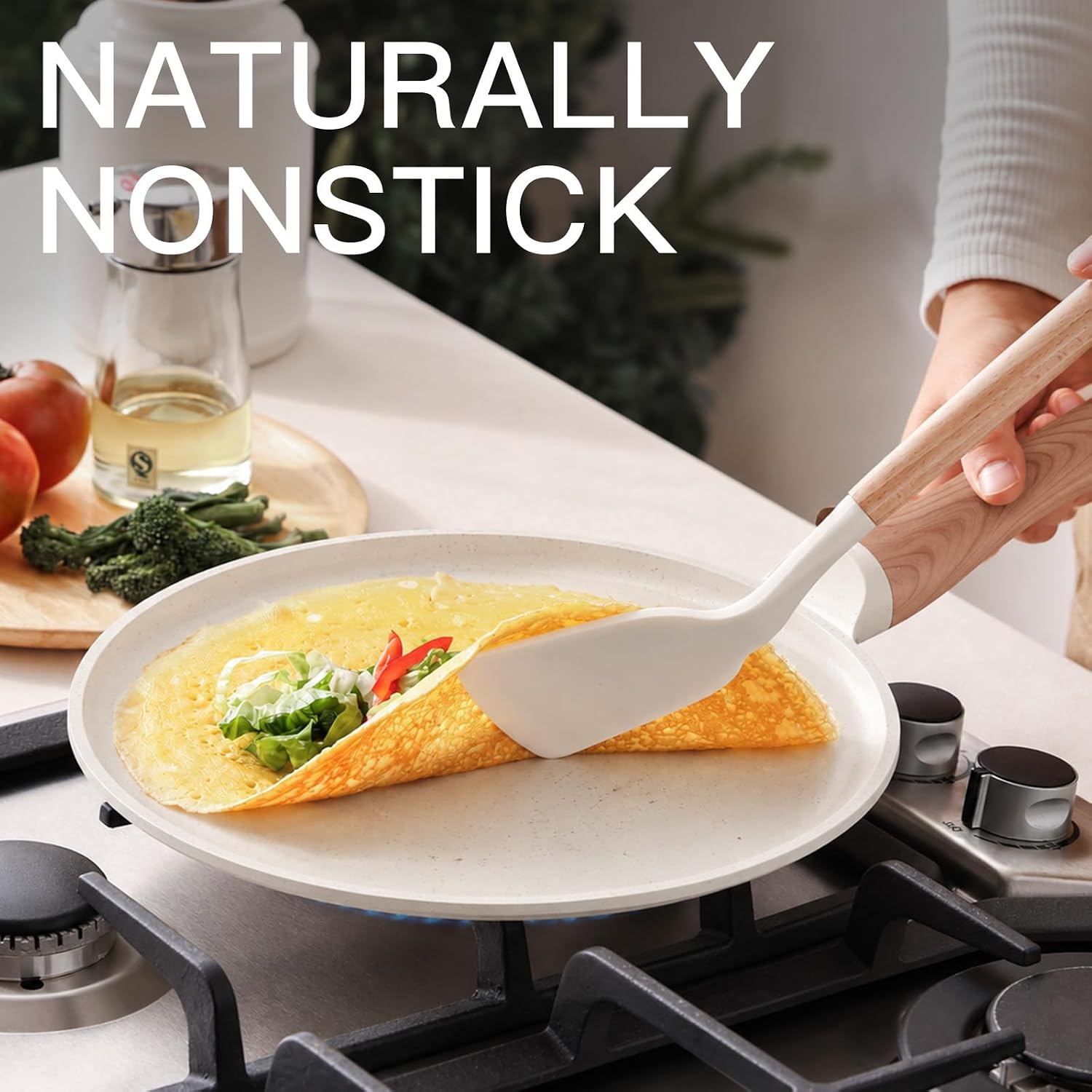Detalle 2 de Non Stick Ceramic Pots and Pans Set (22-Piece) – Non-Toxic, Induction Compatible, Cream White Granite