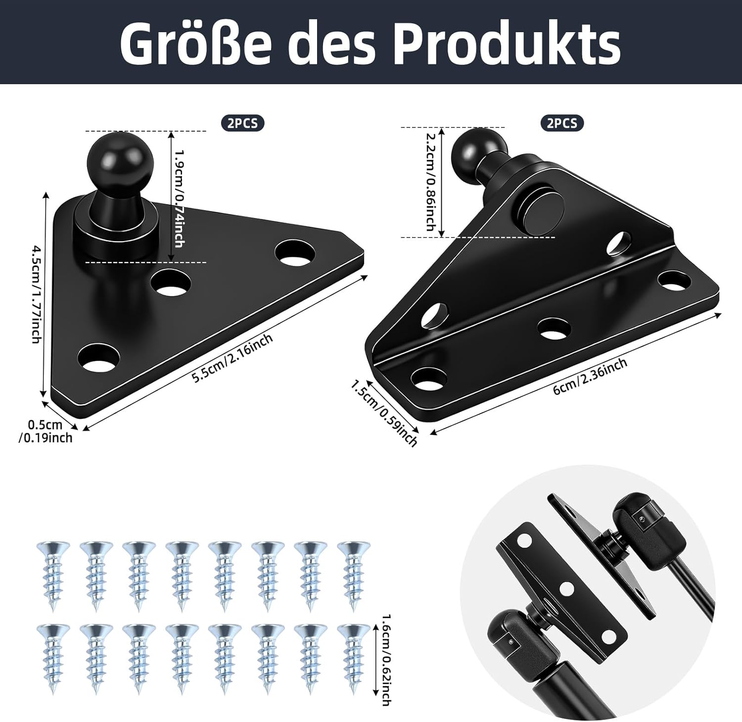 Thumbnail 1 de CEOTIS 10-mm Kugelbolzen Montagehalterung breit – Montage-Set für Gasdruckdämpfer (4 Stück), schwarz