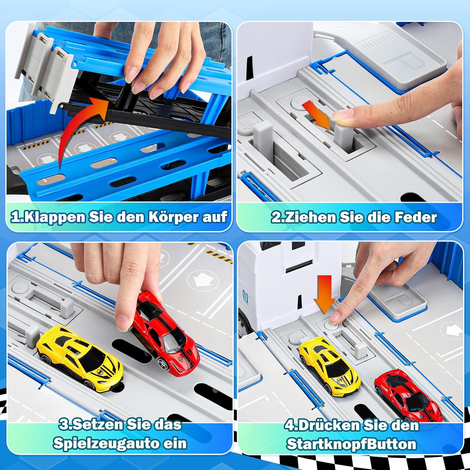 Detalle de EUCOCO Giochi Bambini 2-6 Anni: Truck con Pista Pieghevole e 8 Auto in Metallo, Set di Corse Sicuro e Multifunzionale