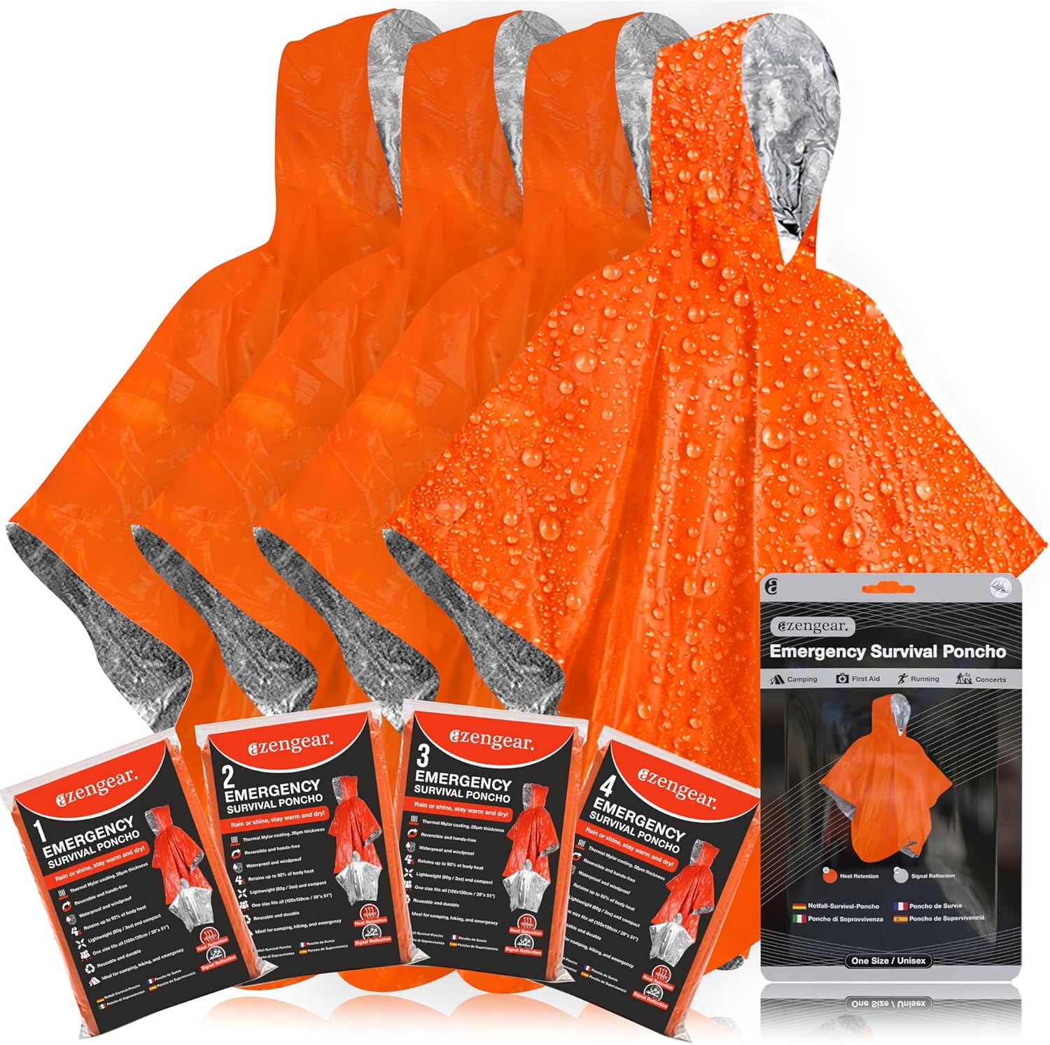 Detalle de aZengear Poncho di emergenza e sopravvivenza (4 pezzi) in mylar, impermeabile e antivento, arancione