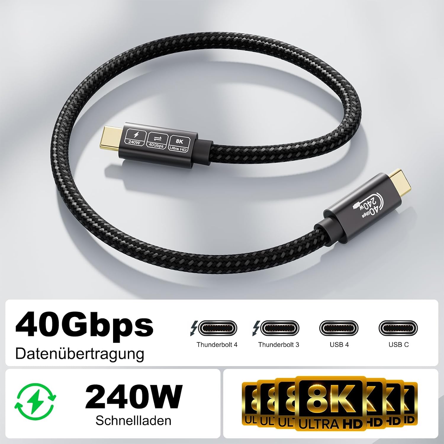 Detalle 2 de EUDOBEL USB4 Kabel mit Thunderbolt 4, 2 m – 8K@60Hz, 4K@144Hz, 240W PD3.1, 40 Gbps