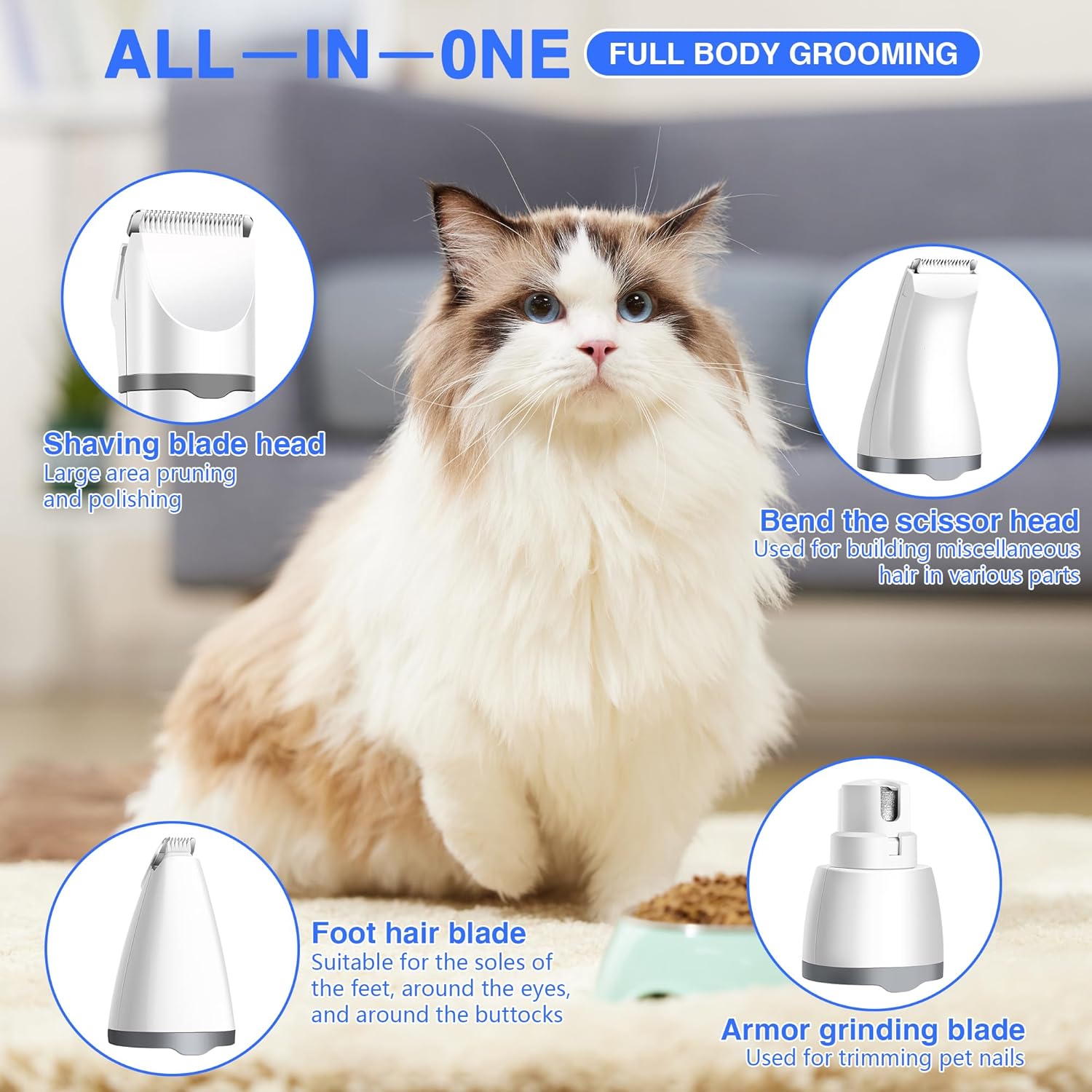 Detalle de BreeyPaws 4 in 1 Cat Clippers Paw Trimmer Grooming Kit: 4 Attachments for Smoother, Quieter Pet Grooming