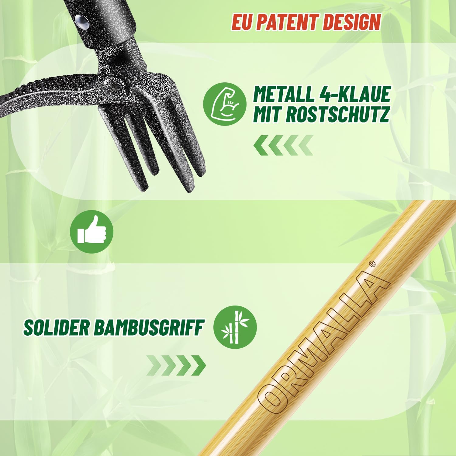 Detalle 2 de Ormalla Unkrautstecher mit 1,1 m Stiel – Löwenzahn-Entferner mit Bambusgriff und 4 Metallkrallen