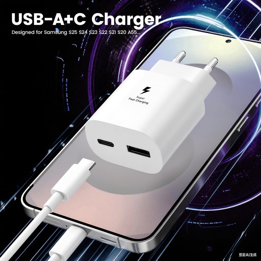 Detalle de Caricabatterie Sumsamg 25W: doppia porta USB-C & USB-A per Galaxy e beyond
