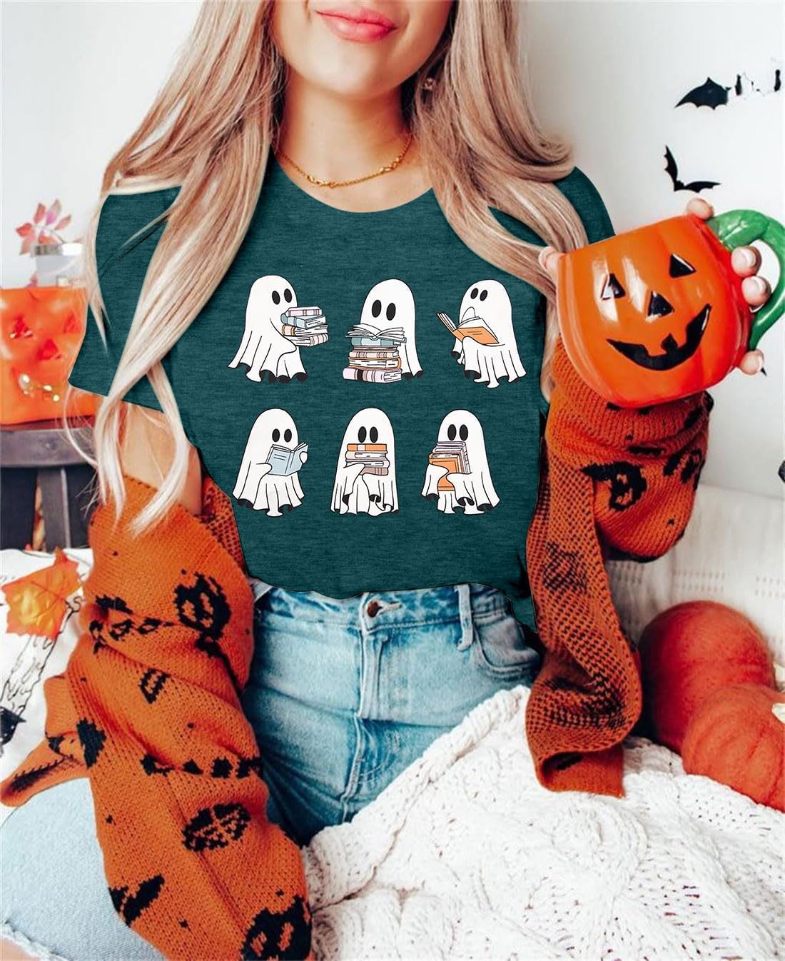 Detalle de SUPEYA Women’s Halloween Ghost Graphic T-Shirt, Short Sleeve