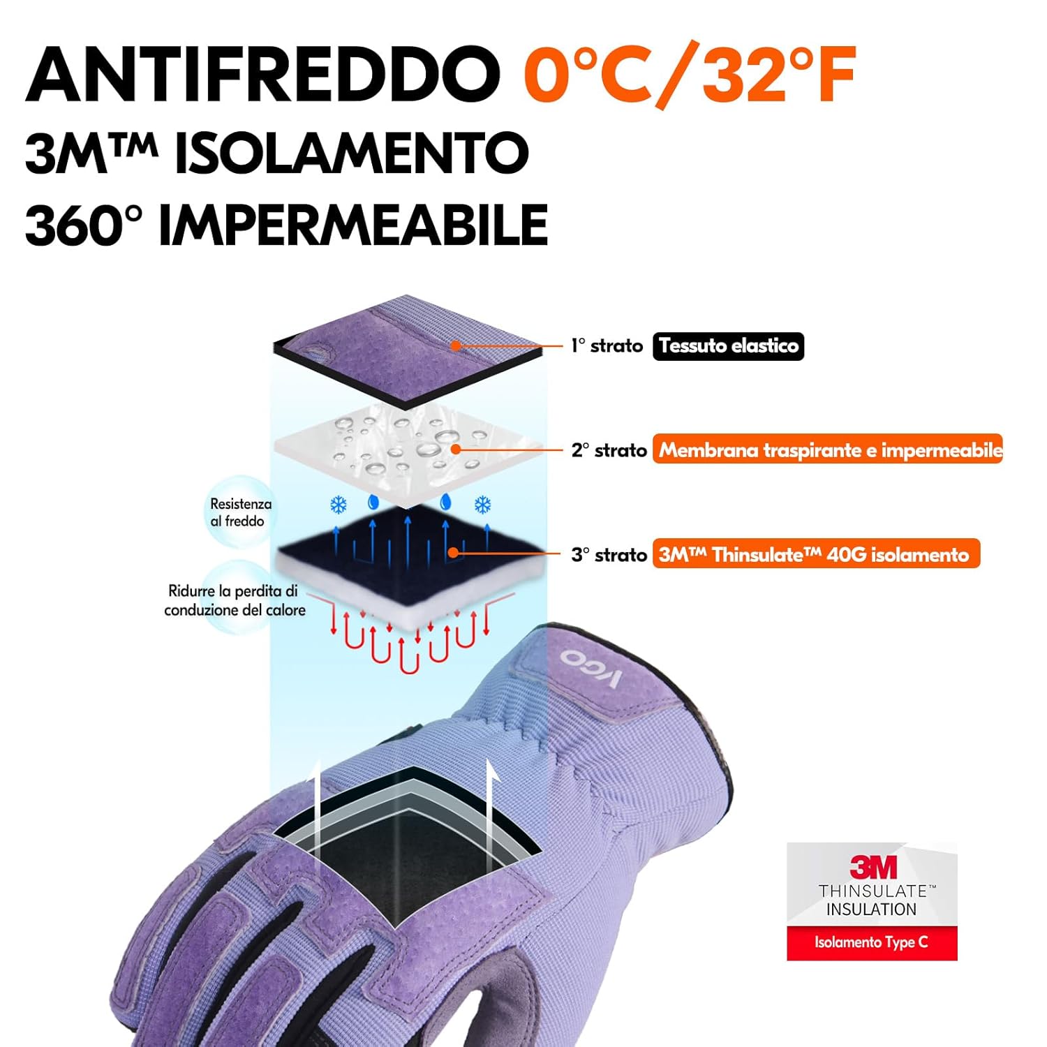Thumbnail 1 de Vgo… Guanti da lavoro da donna invernali impermeabili con touchscreen, palm in pelle antiscivolo/antiabrasione (1 paio)