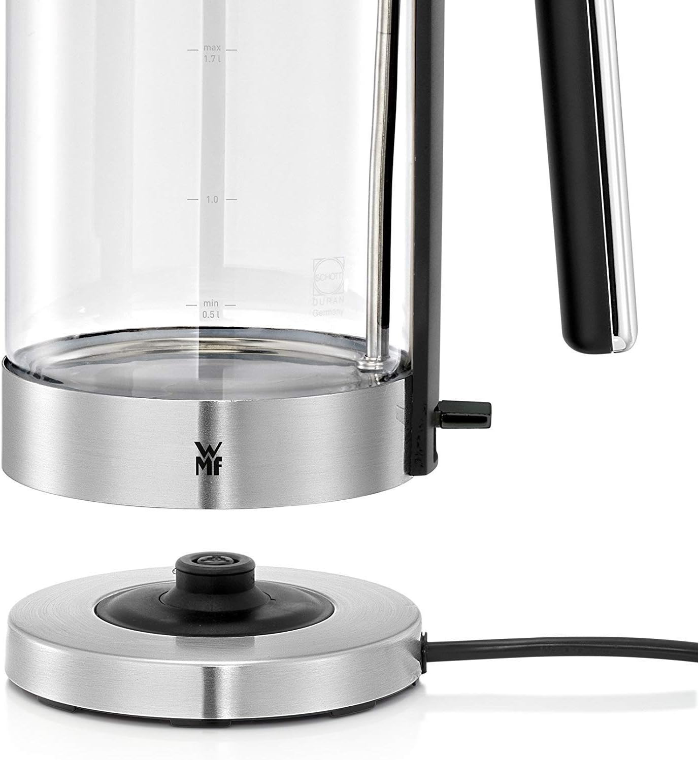 Detalle 2 de WMF Lono Glas-Wasserkocher mit Kalkfilter (1,7 Liter, 3000 Watt) – kabellos, mattierter Edelstahl