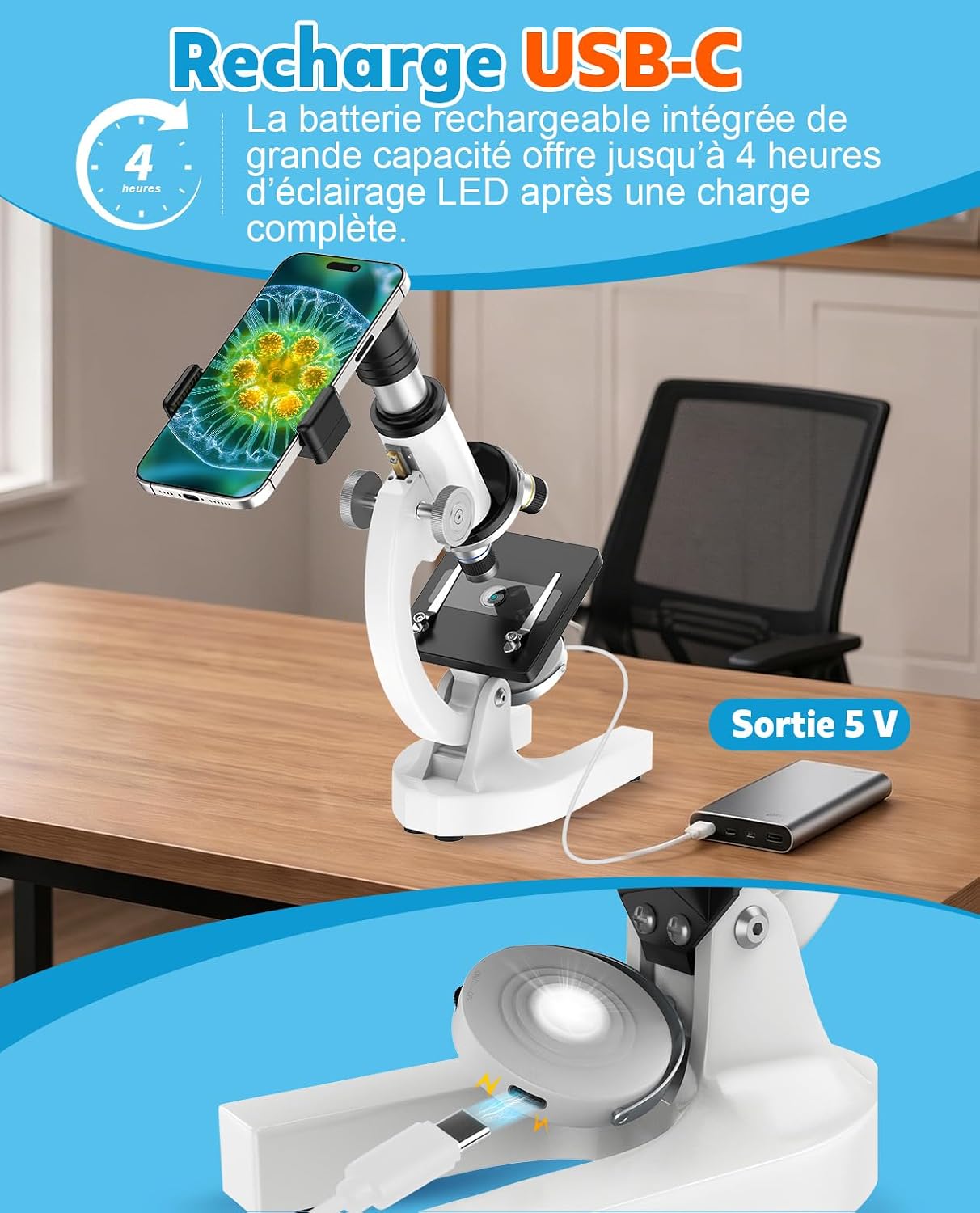 Detalle de Microscopio 2000X per Bambini, Studenti e Adulti — Kit professionale in metallo con vetrini e supporto per phone