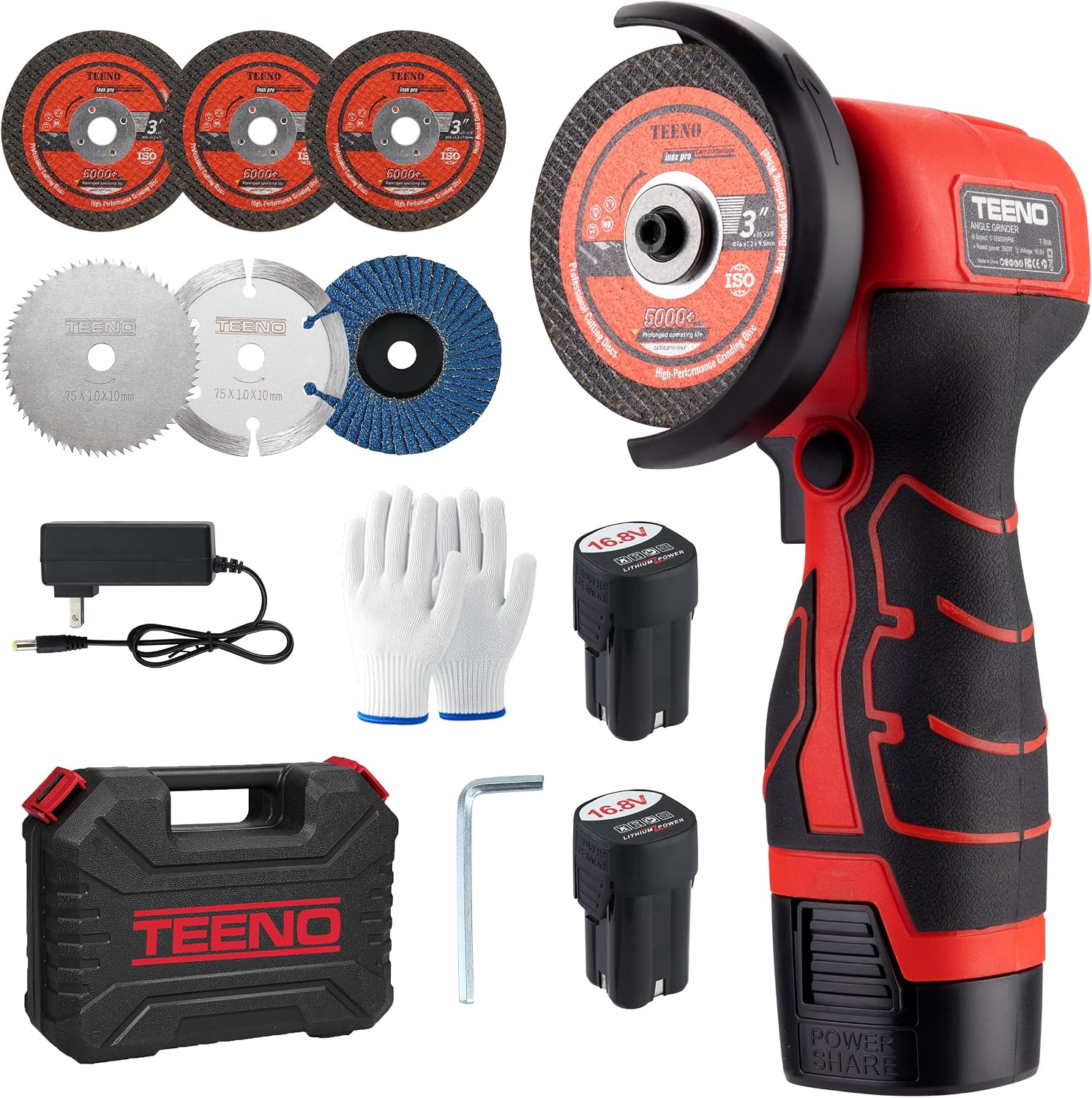 Detalle de TEENO Cordless Angle Grinder Kit, 3-Inch, 19,500 RPM, 16.8V