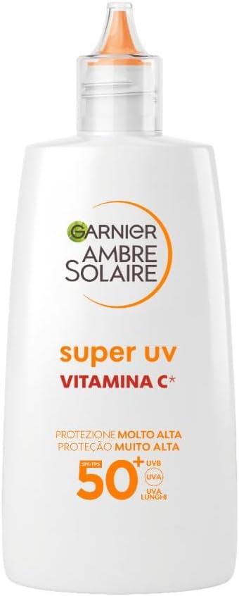 Detalle de Garnier Ambre Solaire Super UV Fluido Viso Anti Macchie SPF 50+ con vitamina Cg, effetto invisibile