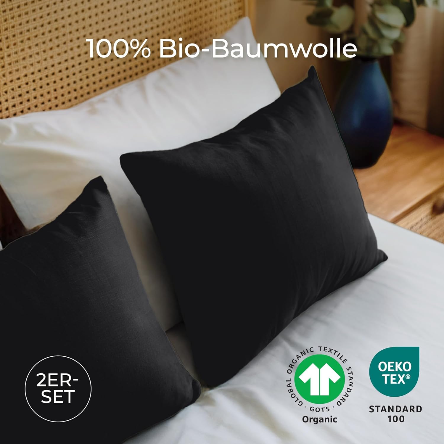 Detalle 2 de Dreamzie Kissenbezug 40x40 cm – 2er Set, 100% Bio-Baumwolle, Schwarz, Reißverschluss, OEKO-TEX & GOTS-zertifiziert