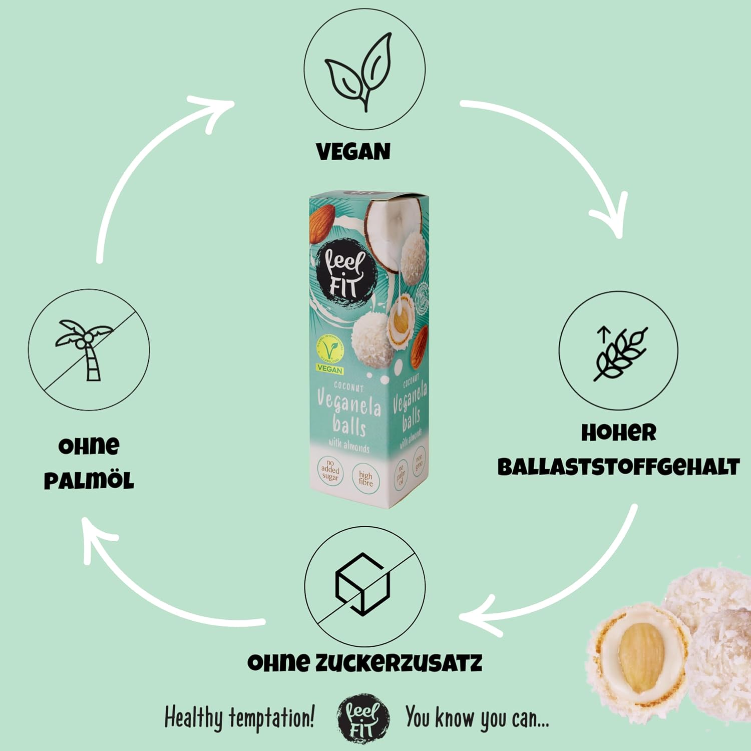 Detalle de Feel FIT Veganela Balls – vegane Kokospralinen mit Mandeln, ohne Zuckerzusatz