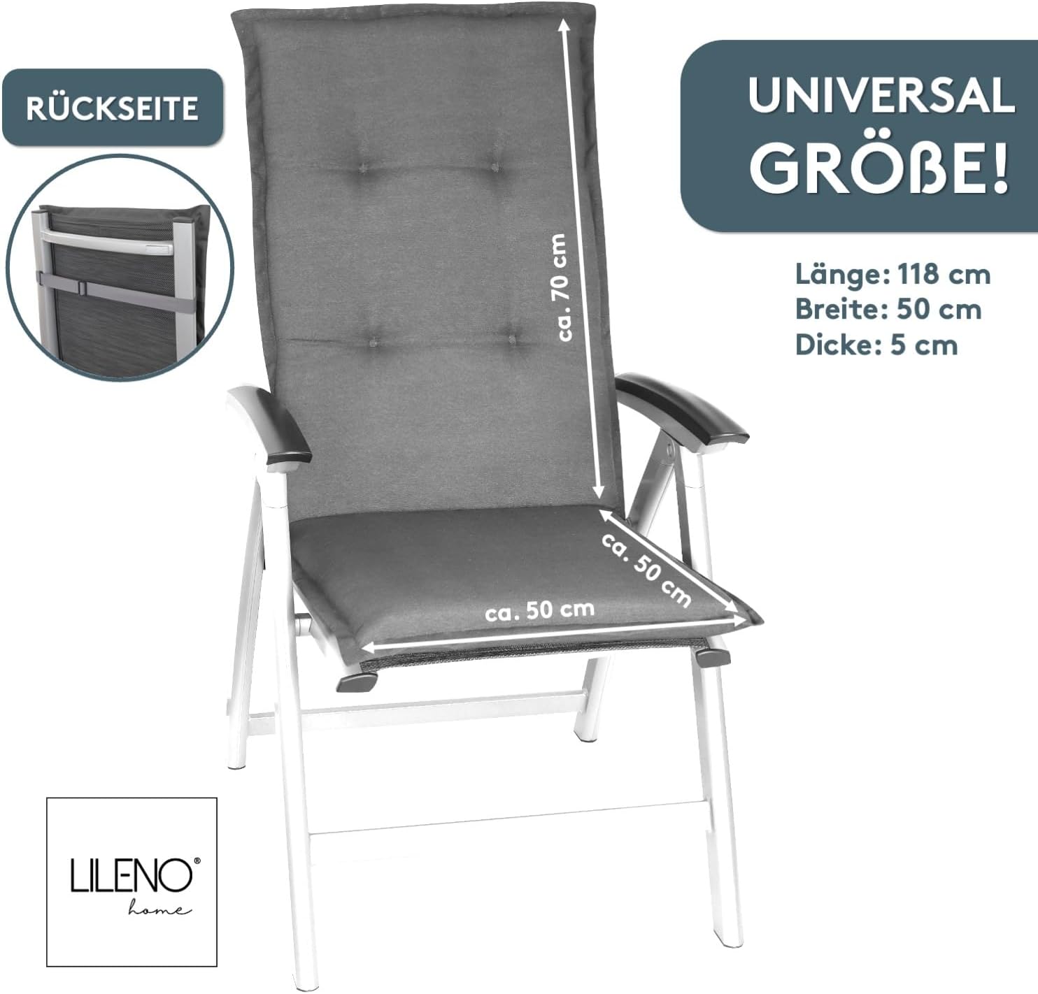 Detalle 2 de LILENO HOME Gartenstuhl-Auflagen im 2er-Set für Hochlehner – Uni Mittelgrau (Tami)