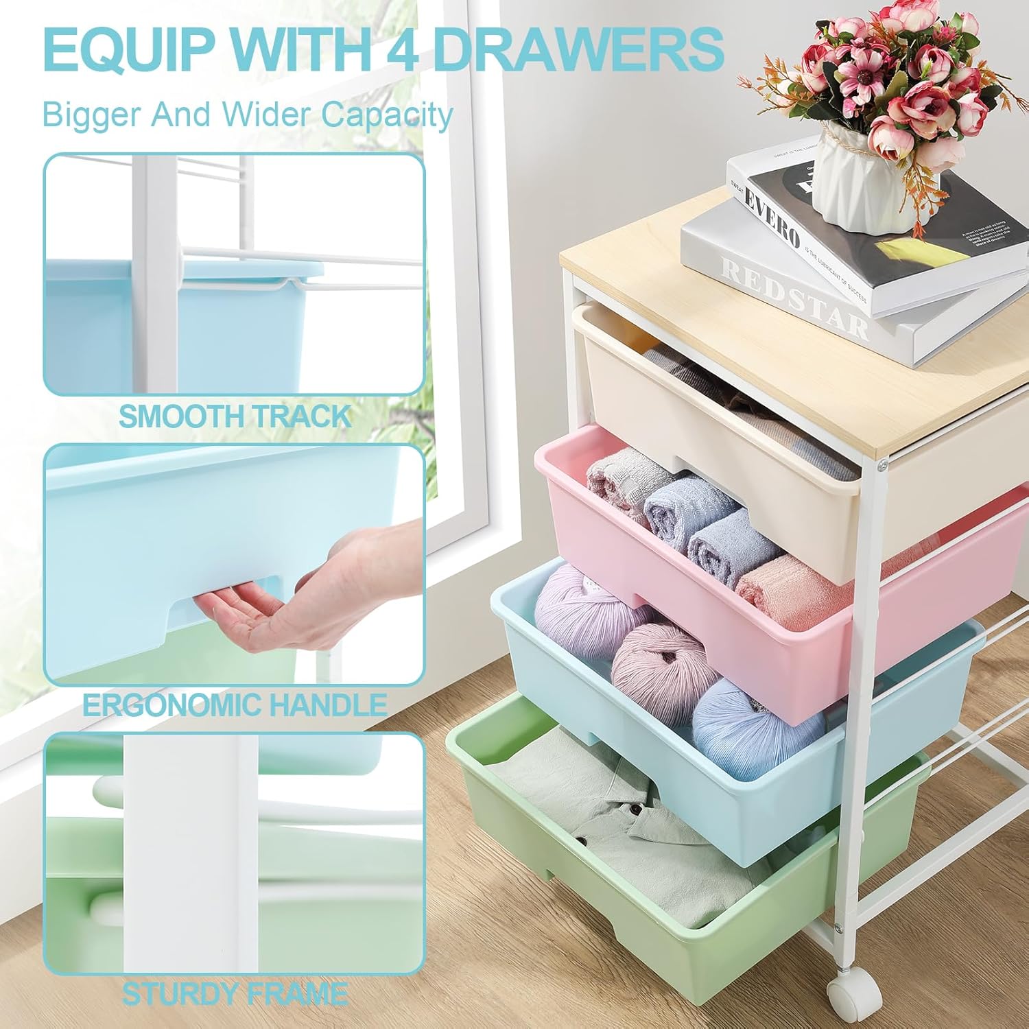 Thumbnail 5 de SYKIARIOL 4-Drawer Storage Trolley with Wheels (Rolling Utility Cart) – Multicolour