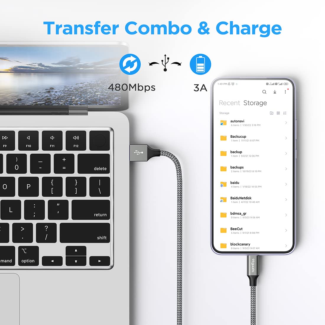 Detalle 2 de etguuds USB C Charger Cable 2-Pack (2m) – 3A fast charging & sync, nylon braided