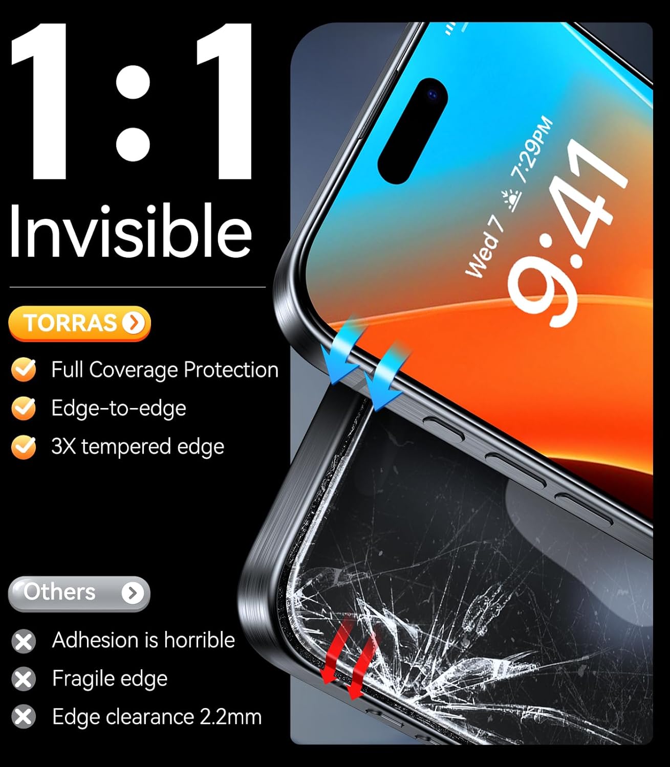 Thumbnail 4 de TORRAS Military-Grade Shatterproof Screen Protector for iPhone 16 Pro (2-Pack)