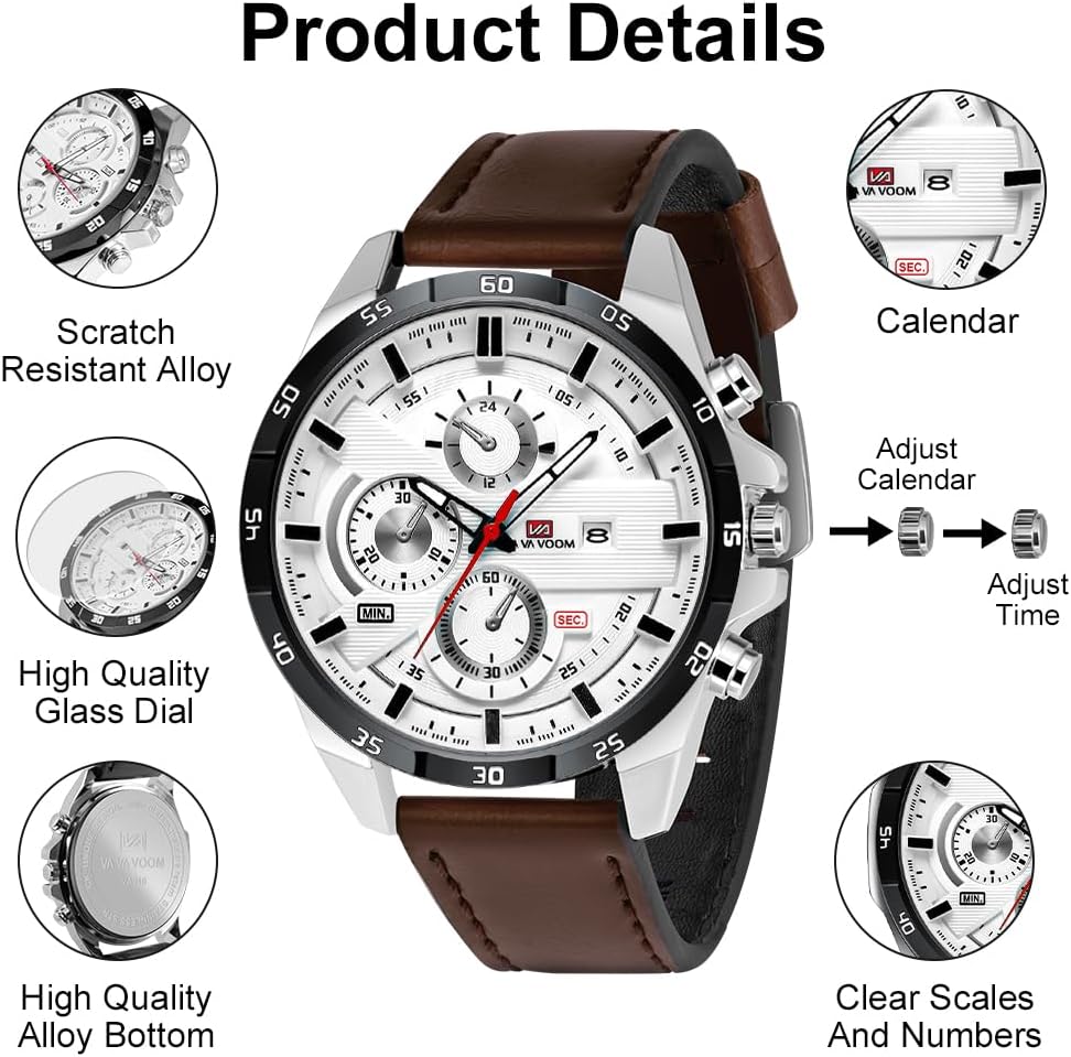 Detalle de OFFCUP Herren Uhr Analog Quarz Chronograph Braun – Lederarmband mit Datumsanzeige