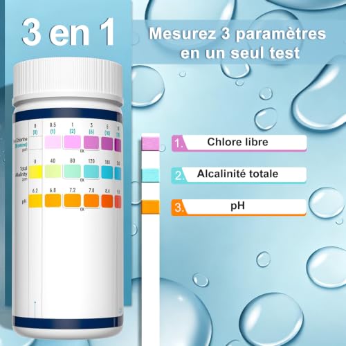 Detalle de RUNBO 3 en 1 Testeur Piscine – 150 bandes pour chlore libre, pH et alcalinité totale