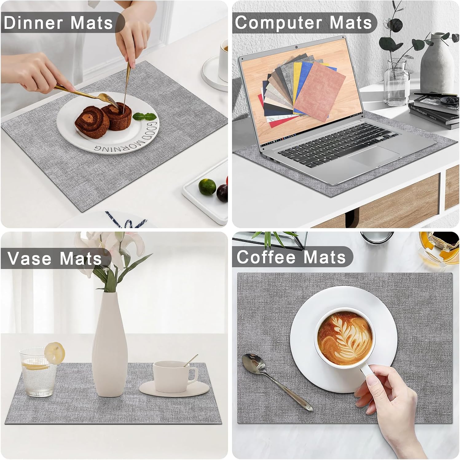 Detalle de Homaxy Faux Leather Heat Resistant Placemats — 8-Piece Set, 17 x 11.8 inches, Light Grey