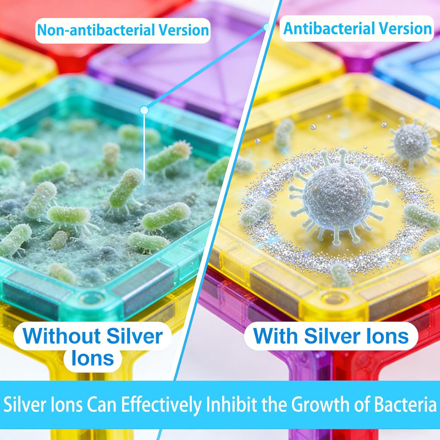 Thumbnail 1 de HAPPYMATY Upgraded Antibacterial Magnetic Tiles (106 PCS) with 2 Cars for Kids