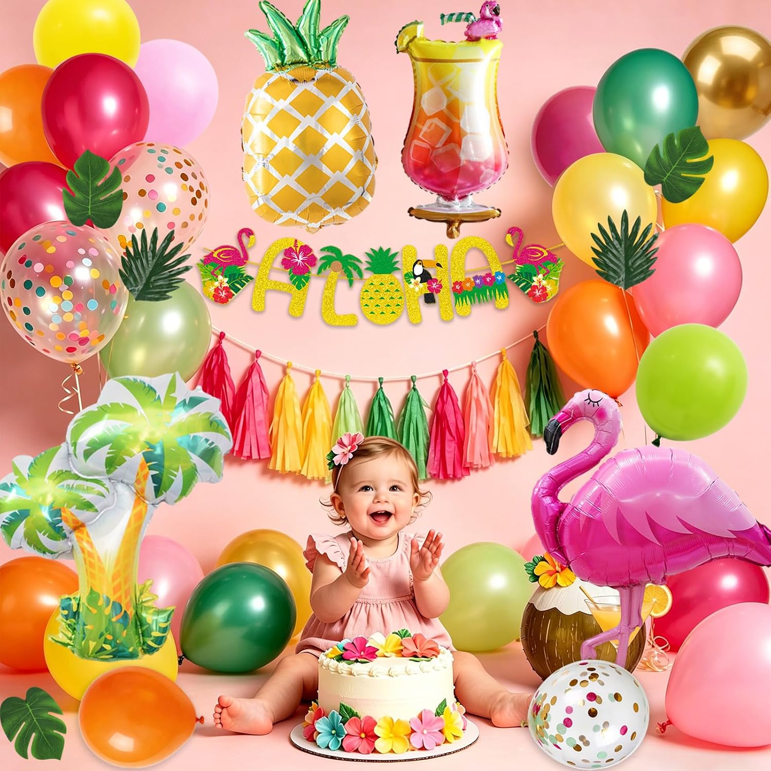 Detalle de Hawaii Party Deko Set – Tropische Ballon Girlande mit Flamingo, Ananas und Aloha Banner