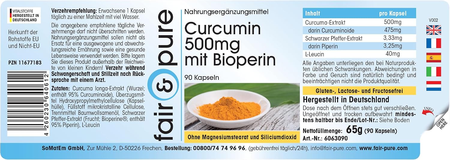 Detalle de Fair & Pure Curcumin 500 mg mit Bioperine – 90 Kapseln, vegan, in Deutschland hergestellt