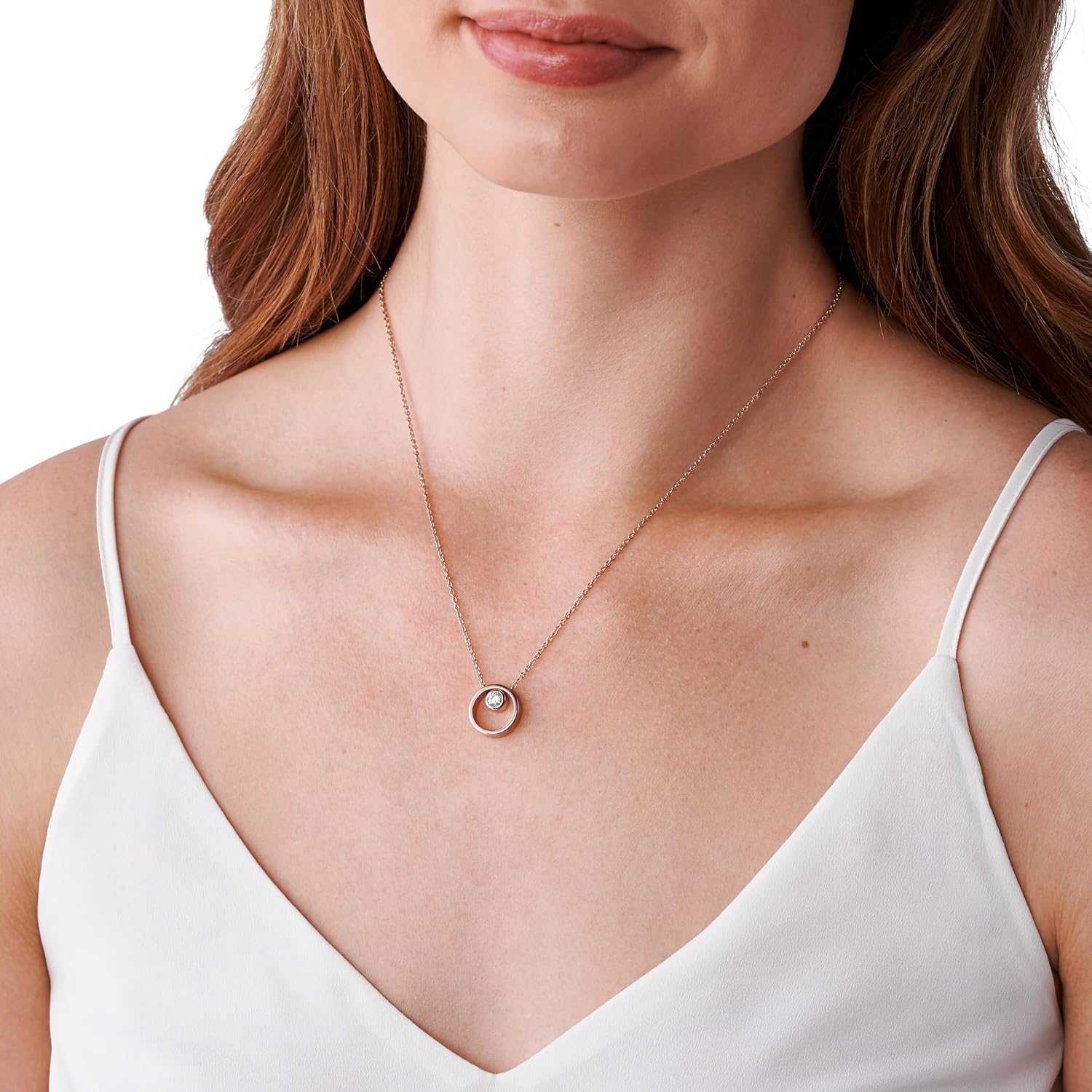Detalle de Skagen Damen Halskette Edelstahl Roségold gebürstet mit Karabinerverschluss – Rondeller Anhänger 14,6 x 14,6 mm