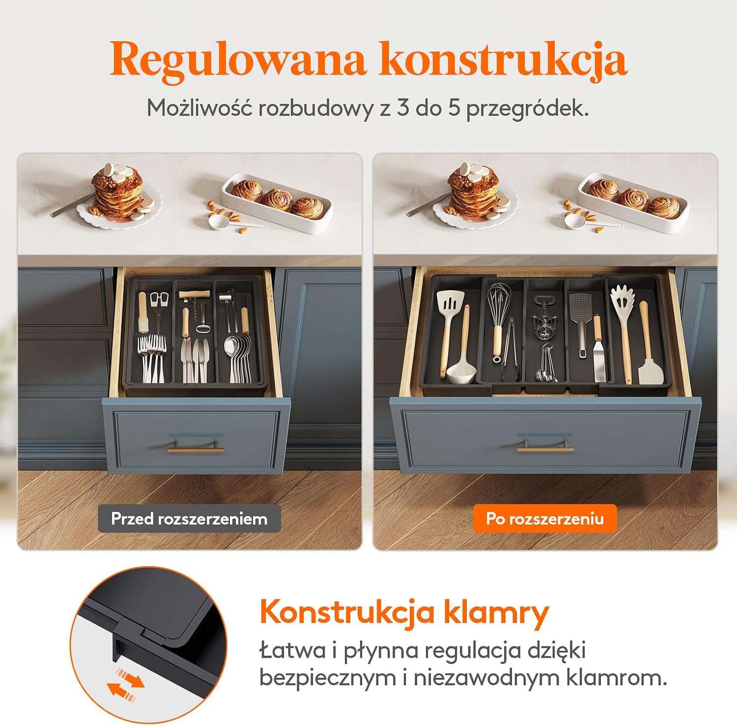 Detalle de Lifewit LH23077.01BL.V1.M01 – rozszerzany organizer do szuflady, 5 przegród, czarny