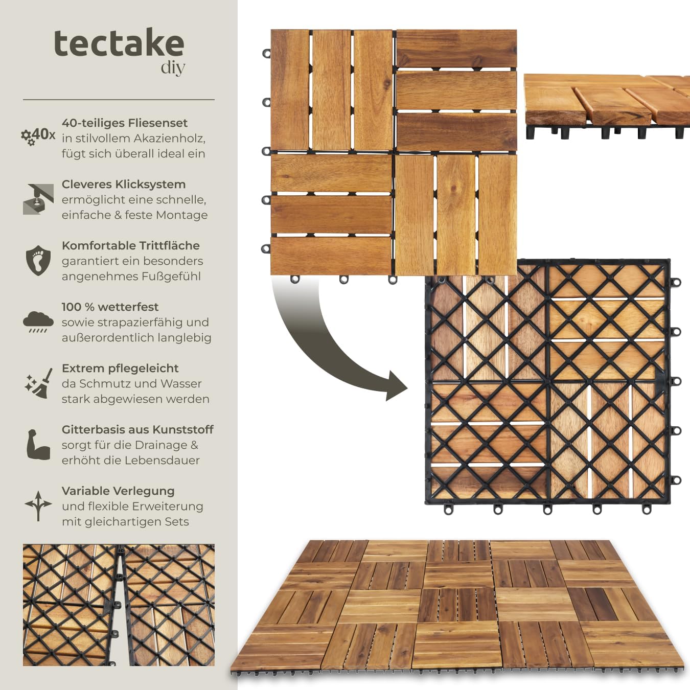 Detalle 2 de tectake Holzfliesen 40-teiliges Set – wetterfeste Akazienholz-Klickfliesen für Terrasse, Balkon & Gartenweg