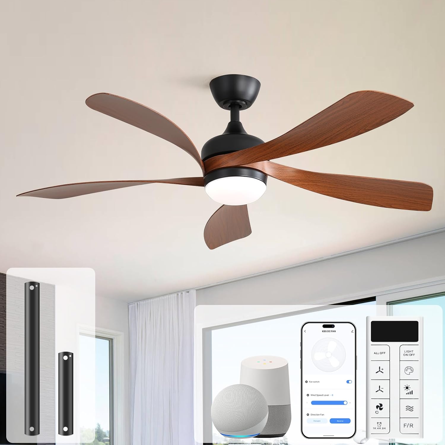 Detalle de Sofucor 52" Smart Ceiling Fan with Lights and Remote — Alexa/Google Compatible, 6-Speed DC Motor, Indoor/Outdoor