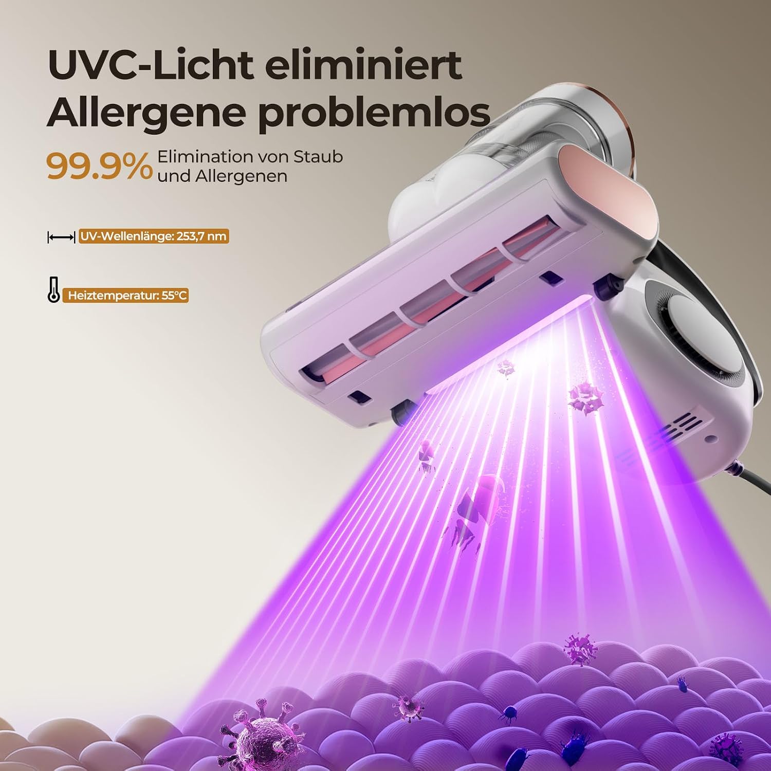 Detalle de JIGOO J300 Milbensauger mit Staubmilben-Sensor – effektive Matratzenreinigung inkl. UV-Licht