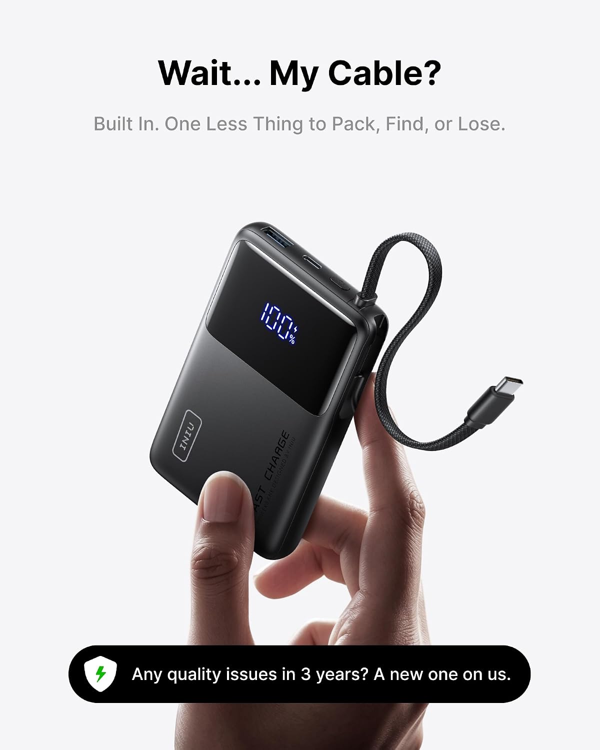 Detalle 1 de INIU P55L 10,000mAh Power Bank, 45W Fast Charging and Built-in USB-C Cable