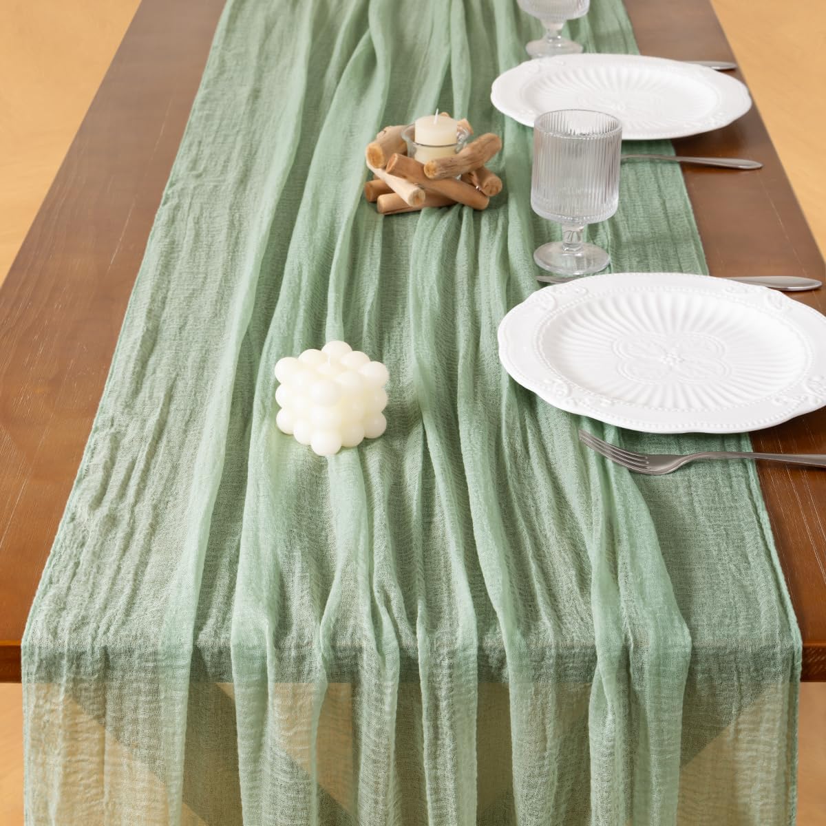 Thumbnail 4 de Socomi Sage Green Cheesecloth Table Runner 120in