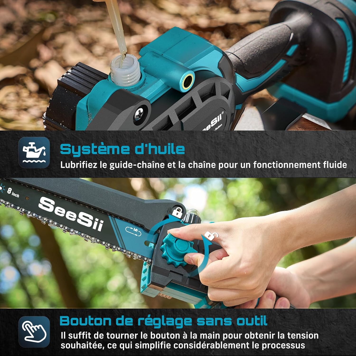 Detalle de SEESII PS810: Tronçonneuse et élagueuse sur perche 2-en-1, 8 pouces, 2 x 4000 mAh, portée 4,87 m