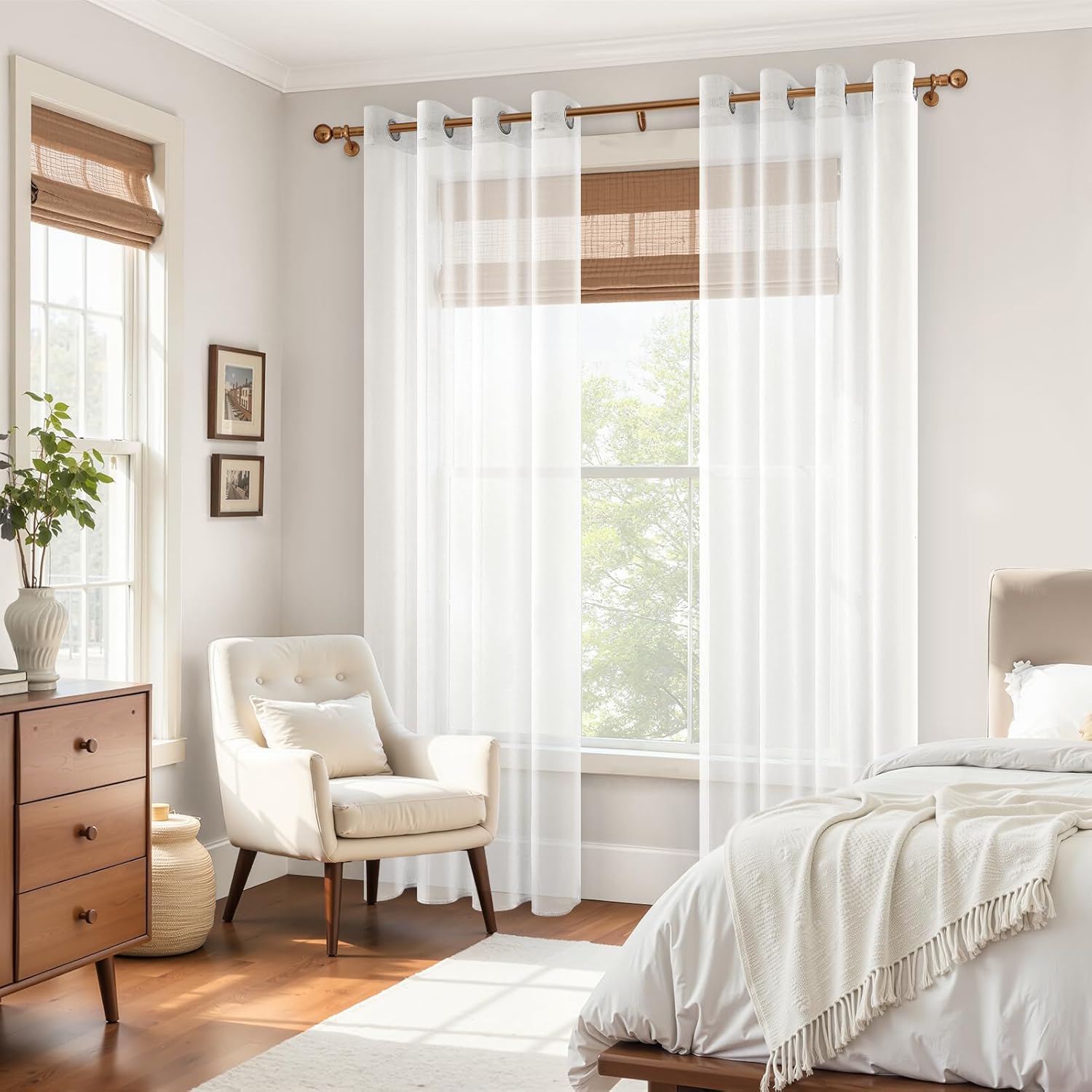 Detalle 2 de MRTREES White Voile Curtains 72" Drop Pair (52x72 Inch) – sheer faux linen eyelet panels