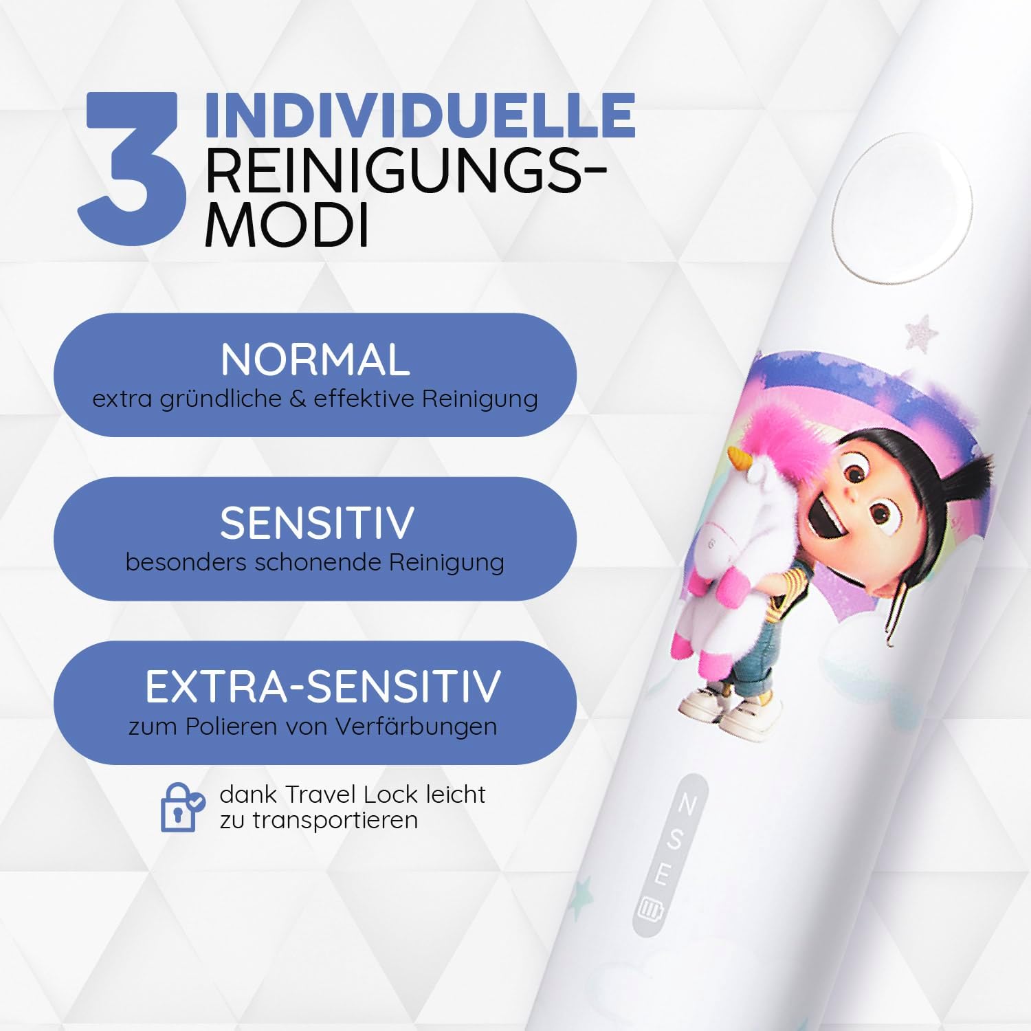 Detalle de happybrush Kids Schallzahnbürste inkl. 3 Aufsteckbürsten – Paw Patrol & Minions Agnes Einhorn-Design