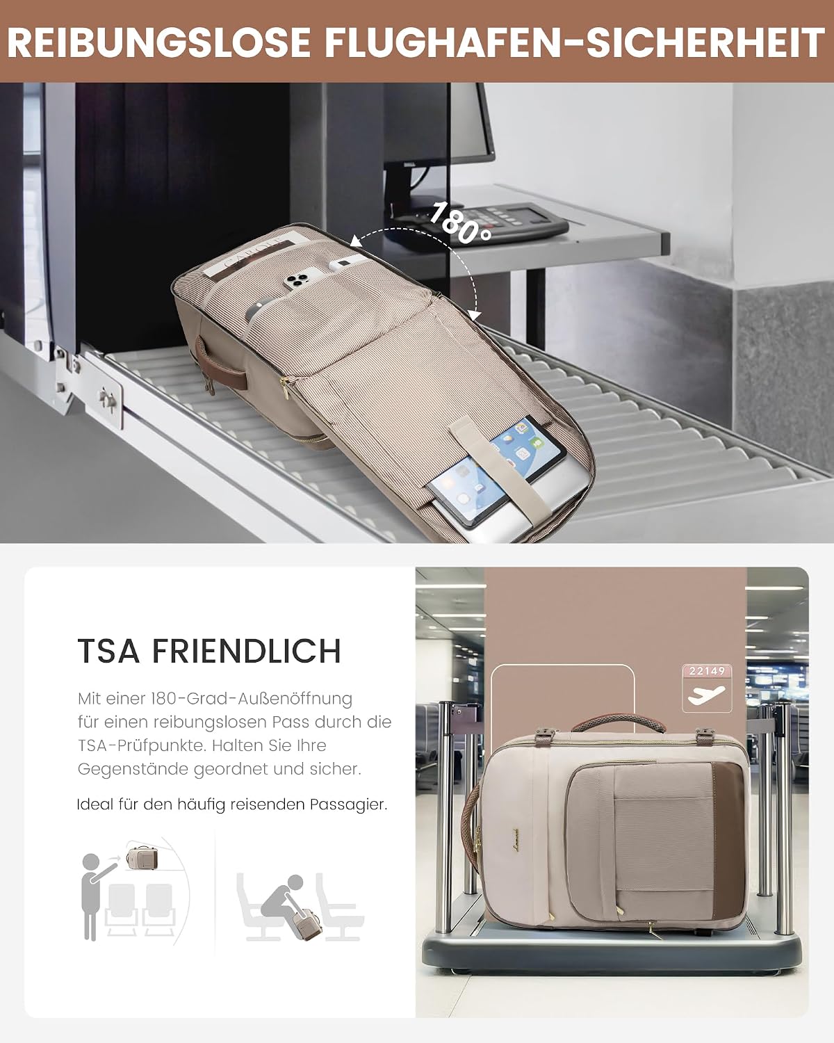 Thumbnail 3 de LOVEVOOK Rucksack Handgepäck Flugzeug 50L Khaki – Großer Reise-Rucksack mit 18 Zoll Laptopfach
