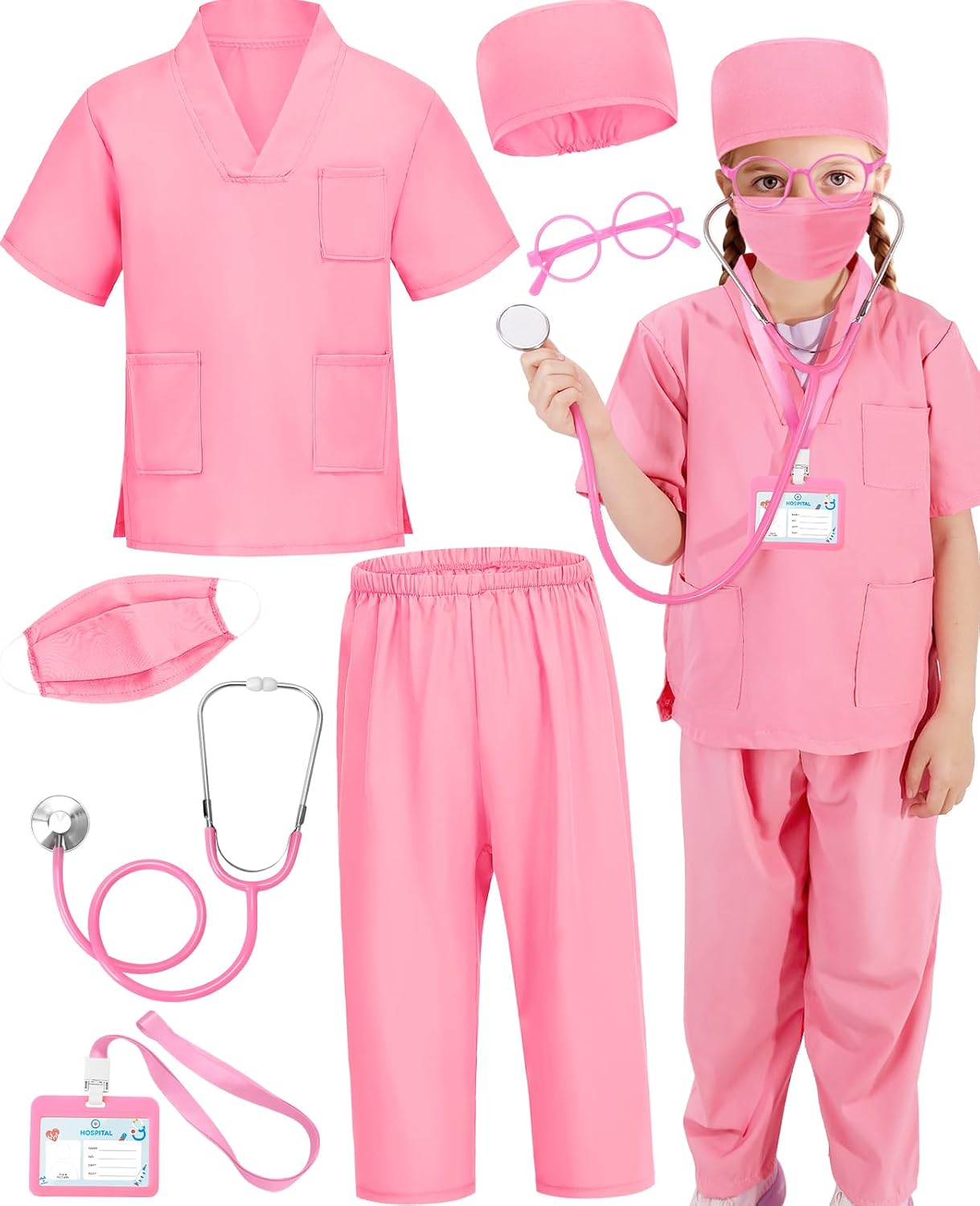 Detalle de Wuclad 7-Piece Kids' Doctor Costume Scrubs with Working Stethoscope