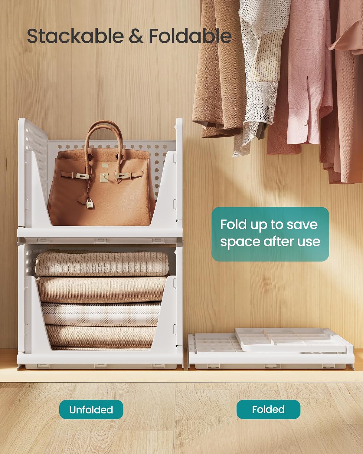 Thumbnail 3 de SONGMICS Stackable Wardrobe Storage, Foldable Closet Organiser – Set of 3 Pull-Out Baskets (White LPC310WZ01)